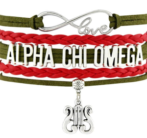 Alpha Chi Omega Bracelet - Multi Layer Leather - Infinite Love Sorority
